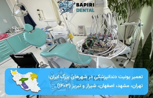 یونیت دندانپزشکی در حال تعمیر با نقشه ایران و نام شهرهای بزرگ شامل تهران، مشهد، اصفهان، شیراز و تبریز.